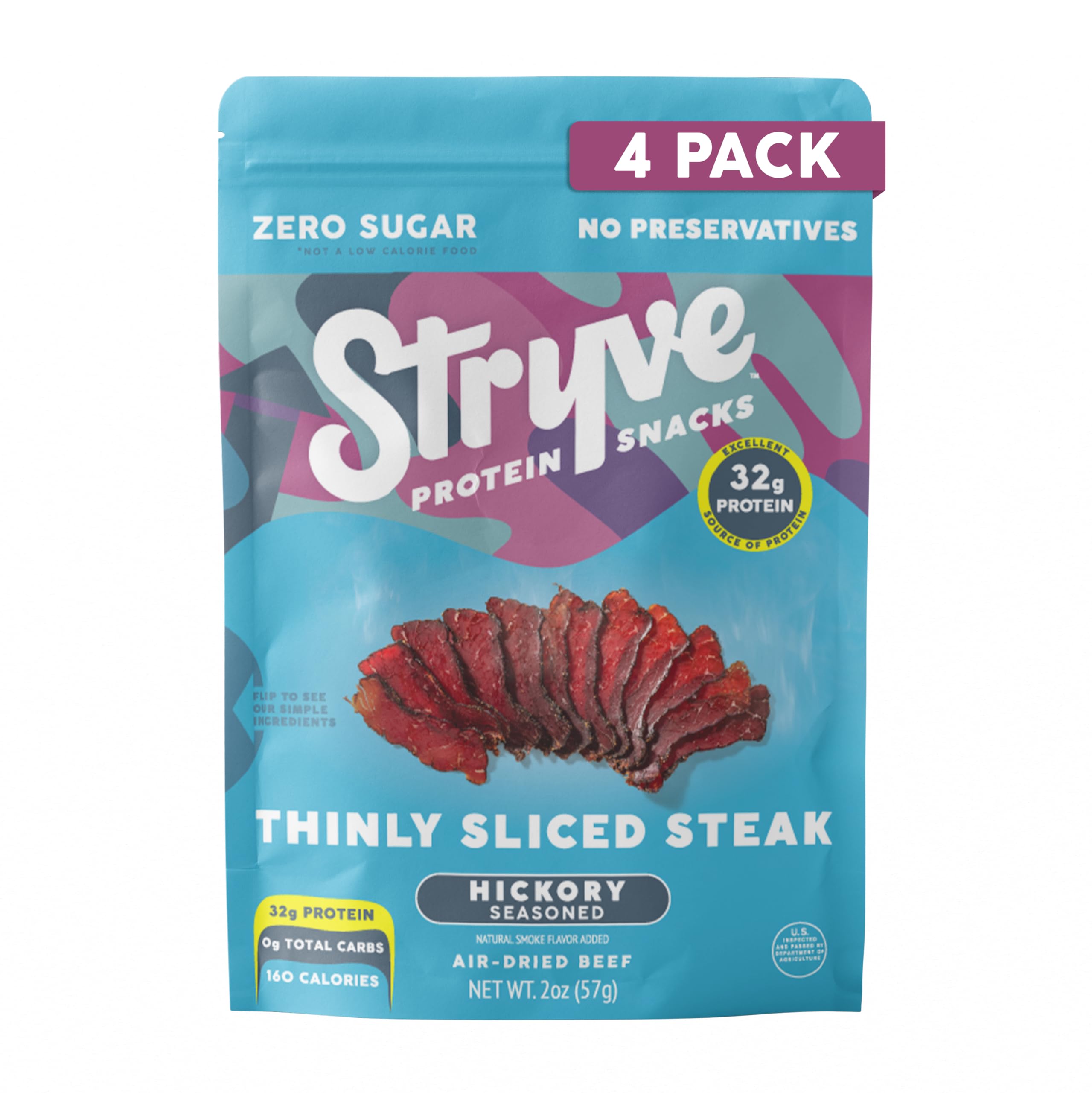 Stryve Protein Snacks - Better Than Jerky Steak Snacks. Protein Rich, Beef Biltong | 32g Protein, Sugar Free, Carbs Free, Gluten Free, Dairy Free, Keto & Paleo Friendly | Hickory, Pack Of 4