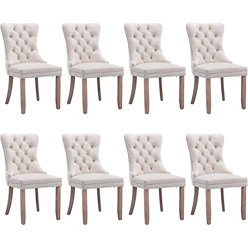 SoarFlash Velvet Dining Chair Set of 8, Upholstered Tufted Dining Room Chair with Nailhead Trim and Solid Wood Leg for Kitchen (Beige)
