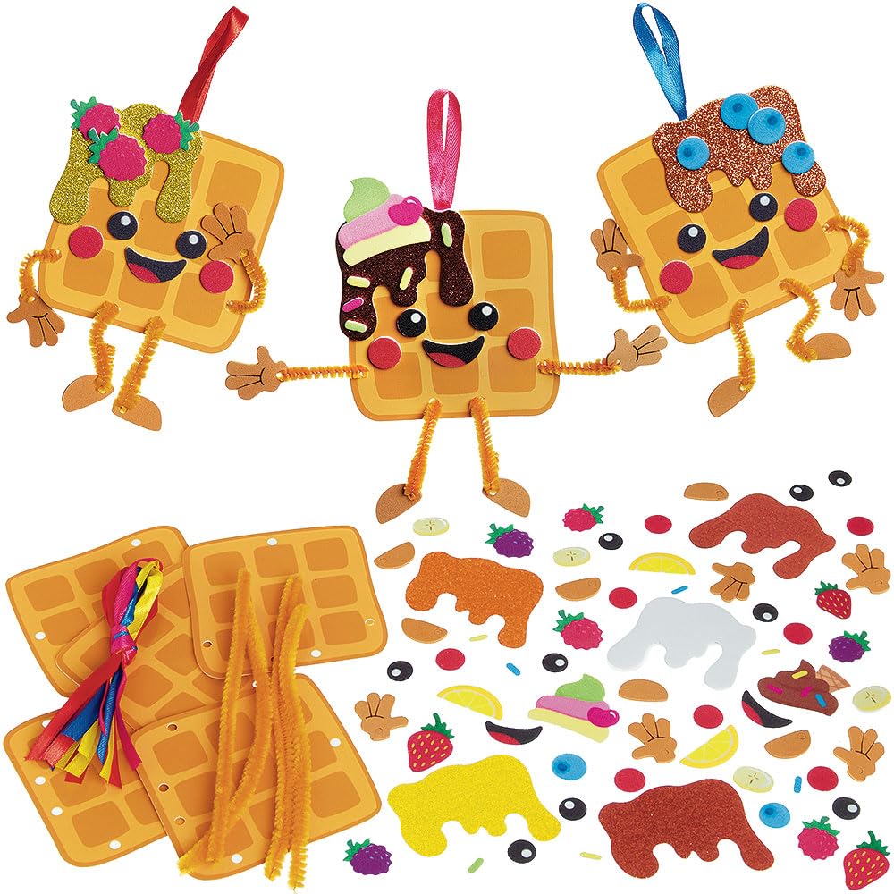 Baker Ross WA119 Waffle Mix & Match Decoration Kits - Pack of 8, Fun Foam Craft Kits with Pipe Cleaners for Kids