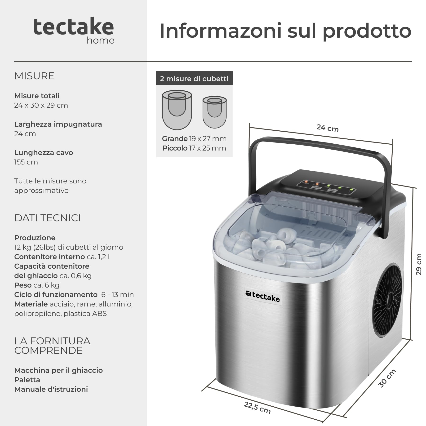 tectake® Macchina per il Ghiaccio, con Serbatoio da 1,2 litri, 2 Dimensioni di Cubetti Selezionabili, in Acciaio, Autopulente, con Maniglia, Macchina Ghiaccio, Piccoli Elettrodomestici - Argento