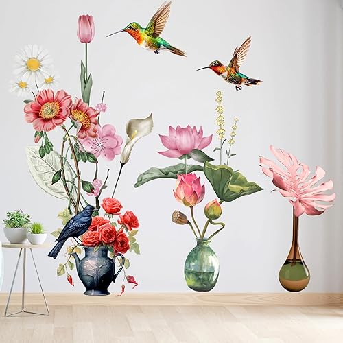HEAKIERG Adhesivo decorativo para pared, diseño de jarrones de loto, colibríes, decoración mural artística para decoración de pared para