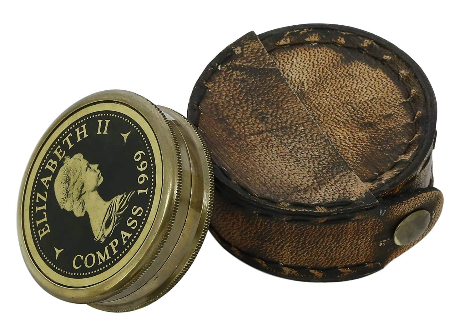 M.A & SONS Vintage Inspired Pocket Brass Compass with Leather Case -2 Inches-image-9