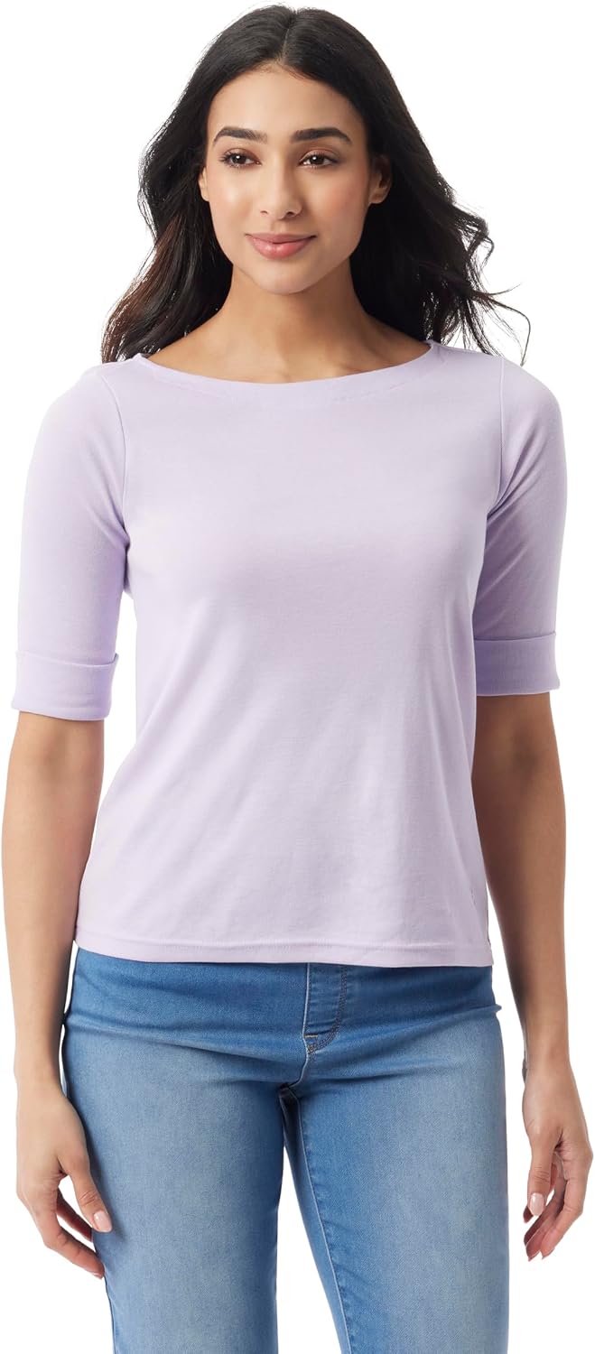 Gloria Vanderbilt Women's Alanis Boat Neck Knit Tee Shirt with Elbow Sleeves Standard