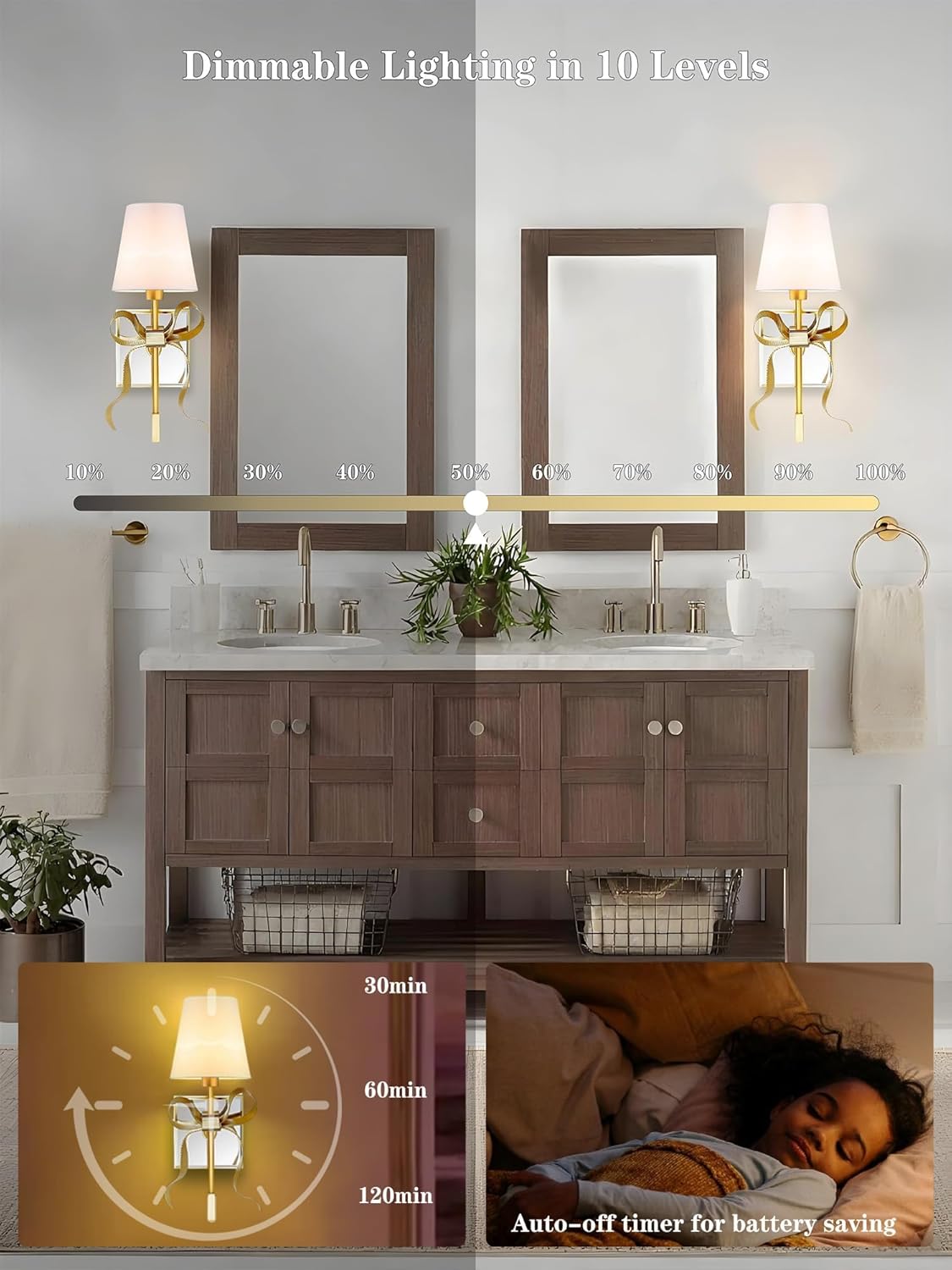 Battery Operated Wall Sconces Set of 2, Gold Wireless Bow Wall Light with 5200mAh Dimmable Bulbs & Remote, 15 Colors Rechargeable Brass Wall Sconce for Bedroom Living Room Hallway Decor