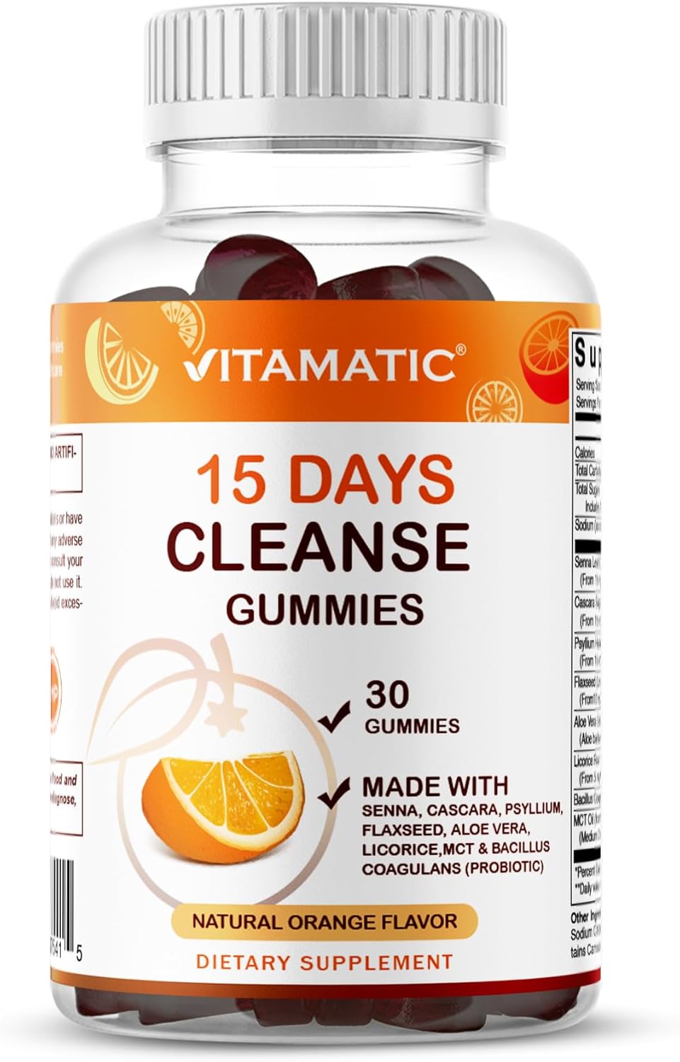 Vitamatic 15 Day Cleanse Gummies, Senna, Cascara, Psyllium, Flaxseed, Aloe Vera, Licorice, MCT, Probiotic