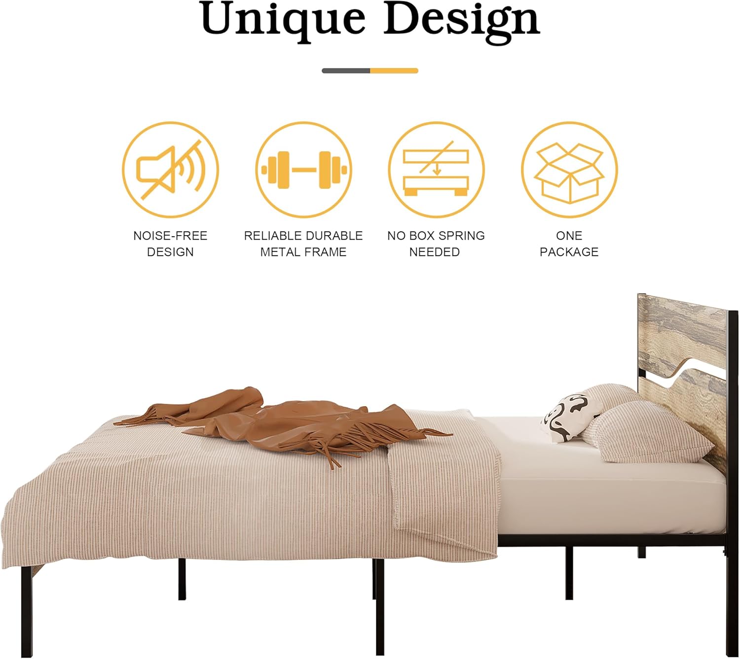 VECELO Queen Size Platform Bed Frame with Wood Headboard, Solid and Strong Metal Support, No Box Spring Needed, Oak Grey