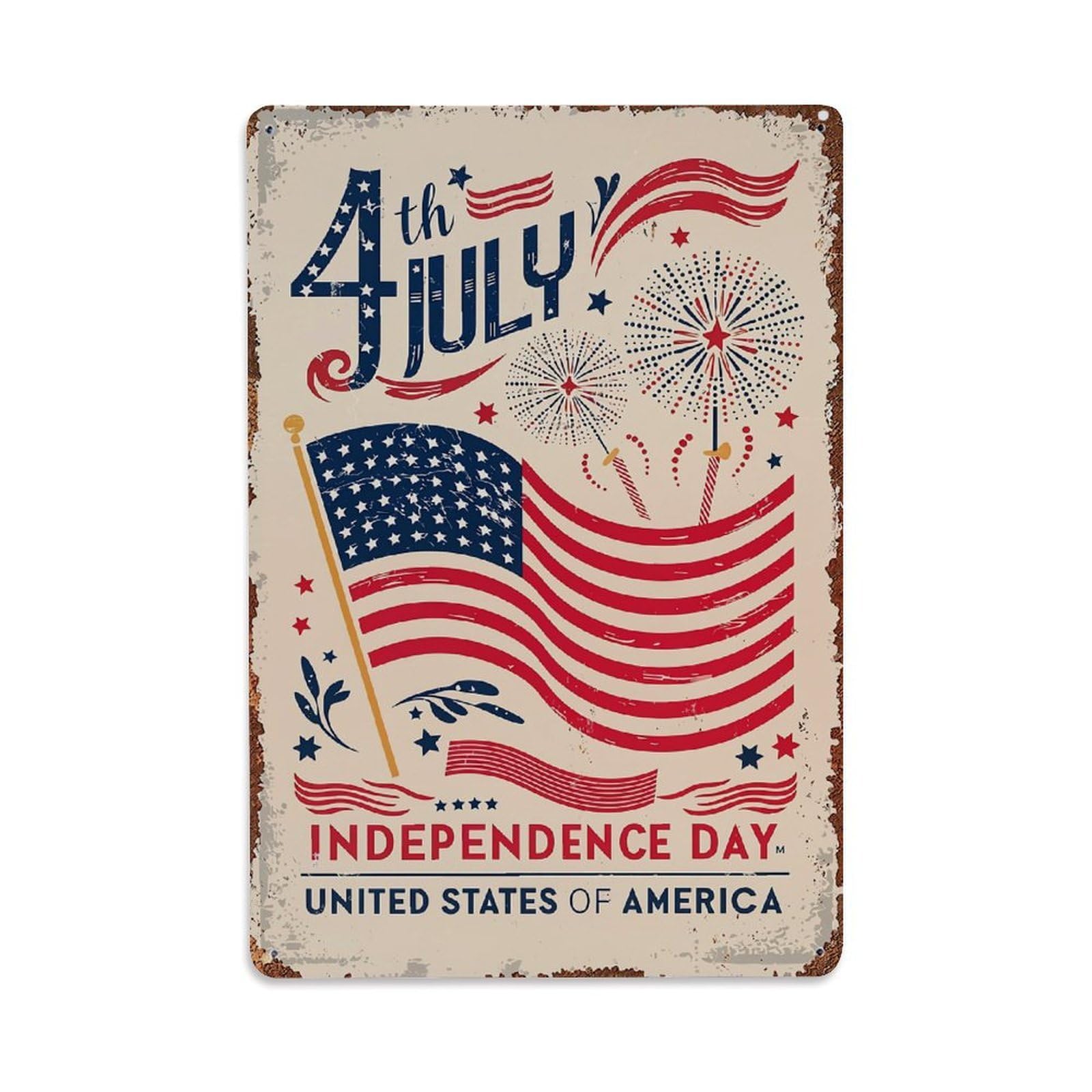 American Flag Fireworks Stars Stripes Celebration Retro Metal Tin Sign, Vintage Decor Art Poster for Bar, Home, Man Cave, Kitchen, Laundry Room Gift 8x12Inch