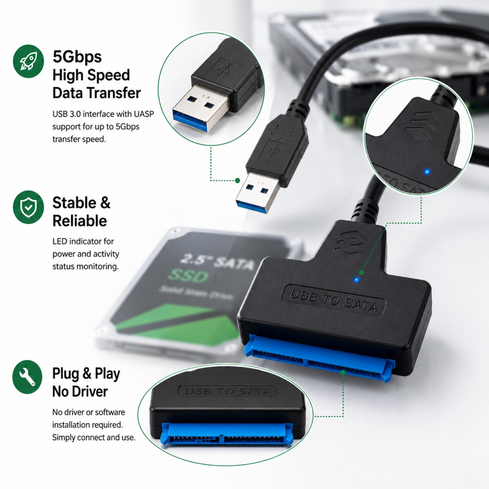 SATA auf USB Adapter, USB 3.0 auf SATA Adapter, 2,5-Zoll Port Konverter Externes Kabel für SSD HDD Festplatten, Plug & Play, SuperSpeed USB 5 Gb/s, kompatibel mit Laptops, Desktop-PCs