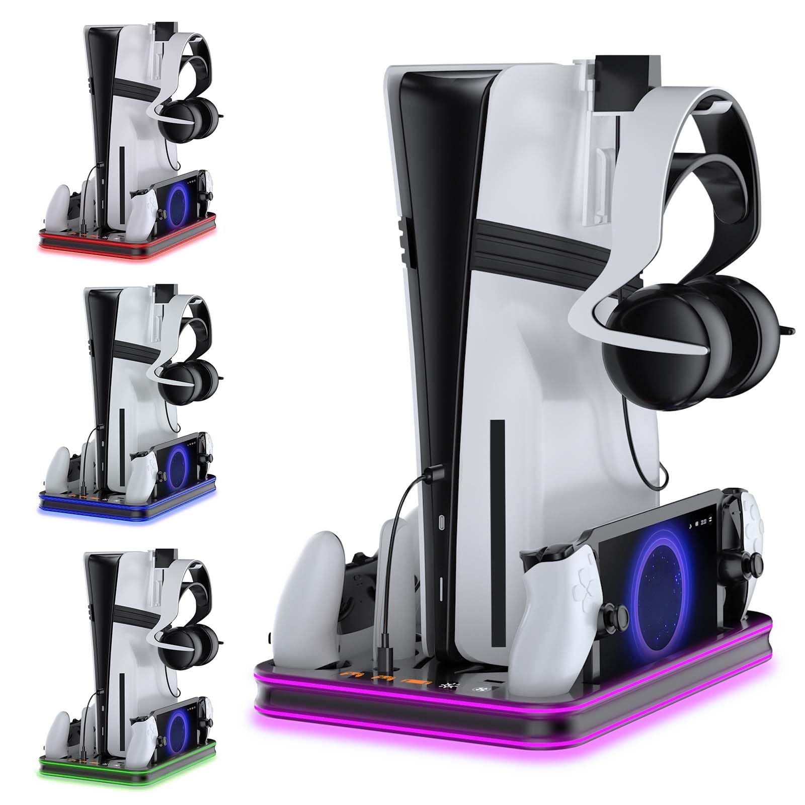 Support PS5/Slim/PS5 Pro avec PS Portal et PS5 Controller Station de Charge, Station Ventilateur de Refroidissement à 3 Niveaux lumières RGB (Noir)