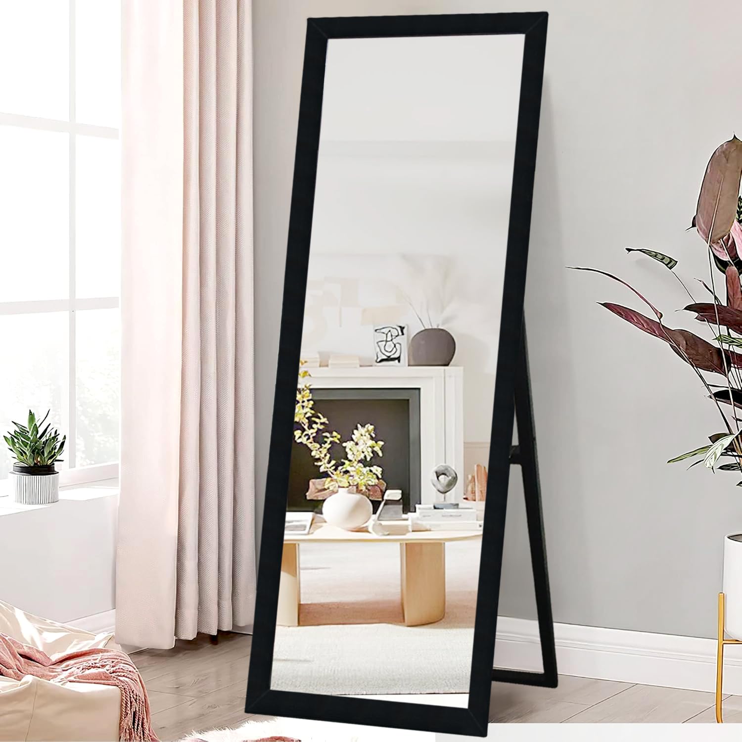 kaevion Full Length Mirror 63" 21" Standing, Vertical Black Frame HD Rectangle Full Body Tall Big Floor Stand up or Wall Mounted Mirror, Black