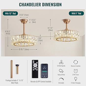 Siljoy 20'' Gold Caged Crystal Ceiling Fan with Light, Modern