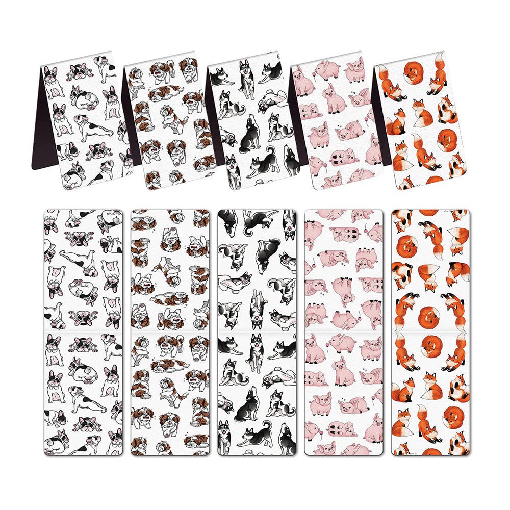 WIRESTER Set of 5 Magnetic Bookmarks Book Marker Clip for Students, Reader, Teachers, Book Lovers - French Bulldog, Shih Tzu, Siberian Husky, Pig, Red Fox Funny Playful Postures