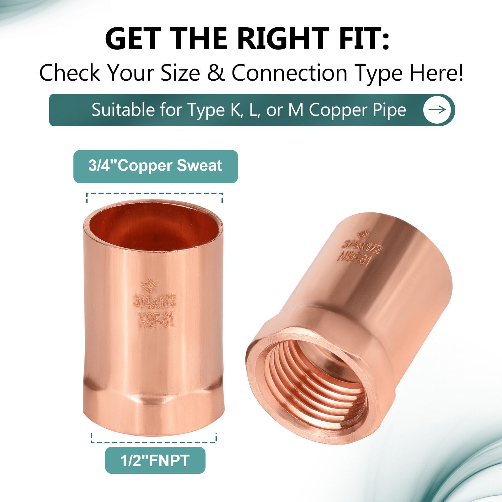 Confezione da 10 raccordi femmina in rame FNPT da 3/4" C x 1/2", raccordi idraulici in rame LF con connessione a saldatura per sudore, per residenziali, commerciali