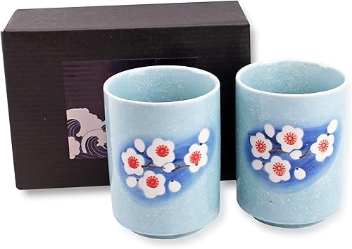 Juego de 2 tazas de té de porcelana japonesa, diseño de flor de ciruelo para ceremonia de té, taza de café de sushi, regalo de decoración del hogar,