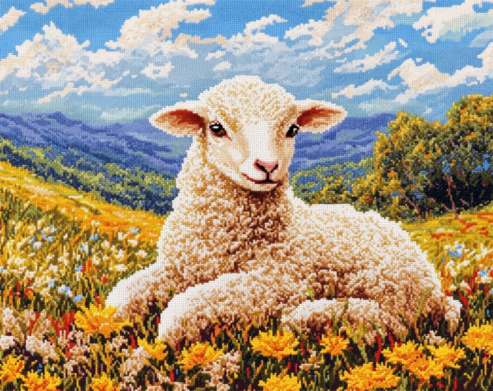Henypt Cross Stitch Kit,A Lamb in The Field Easy Pre Printed Stamped Embroidery Stitch Kit for Adult Beginners, Embroidery Starter Advanced Easy Crossstitch Patterns Set Needlepoint