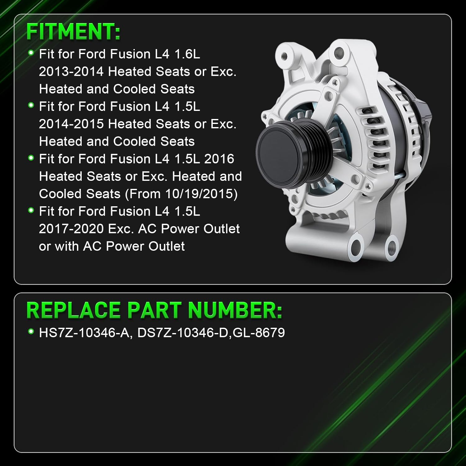 HS7Z-10346-A Alternator Fit for Ford Fusion 2013-2020 L4 1.5L 1.6L 150A 12V CW 6-Groove Decoupler Pulley DS7Z-10346-D GL-8679