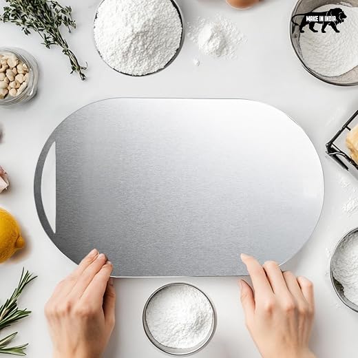 Steelish Premium 304 Stainless Steel Oval Chopping Board – 40x25cm, Non-Slip, Anti-Bacterial, Rust-Free, Durable Cutting B...