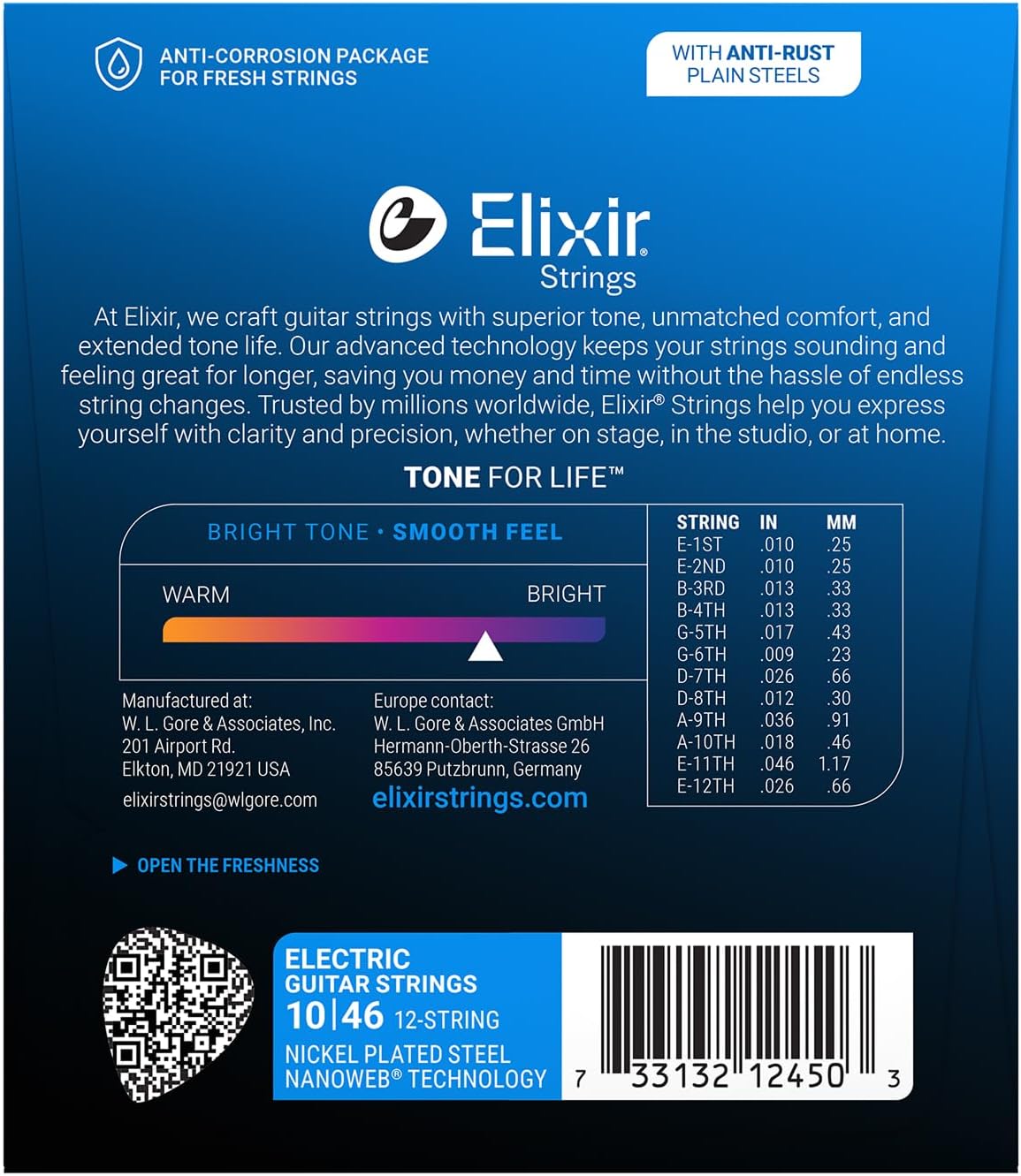 Elixir Strings, Electric Guitar Strings, Nickel Plated Steel with NANOWEB Technology, Longest-Lasting Bright Tone with Comfortable Feel, 12 String Light 10-46