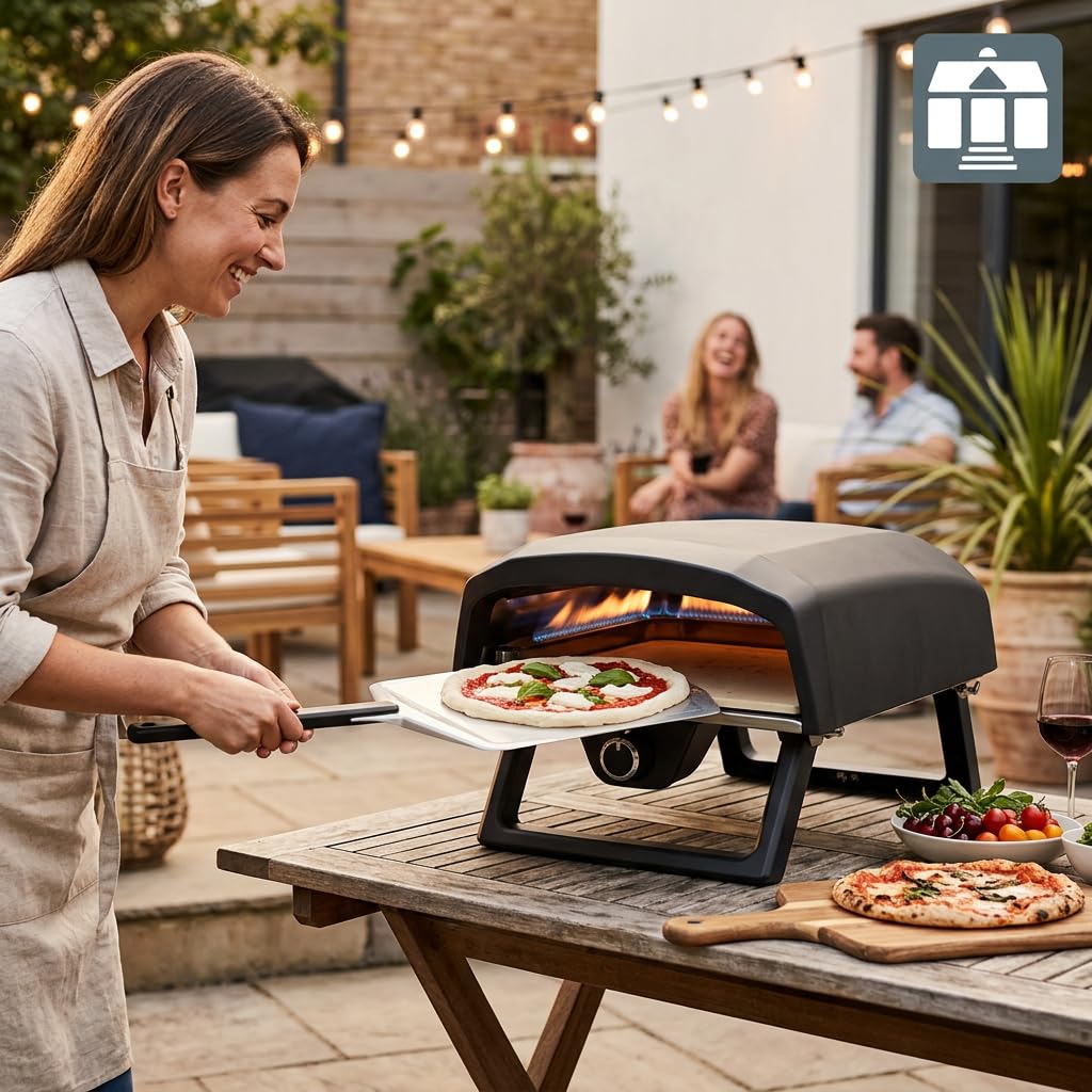 Tarrington House Horno de Gas para Pizza Fornaro, Acero Negro, 64 x 41 cm, con Piedra Cerámica 33 x 33 cm, Quemador 4 kW, Patas Plegables