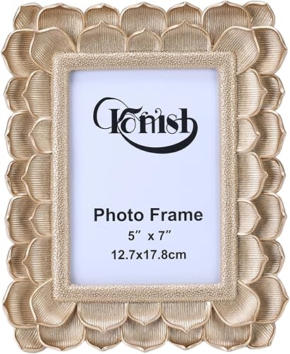 Marco de fotos antiguo festoneado de 5 x 7 pulgadas, hoja de loto dorada de 5 x 7 pulgadas, marcos de fotos vintage con frente de vidrio para mesa y