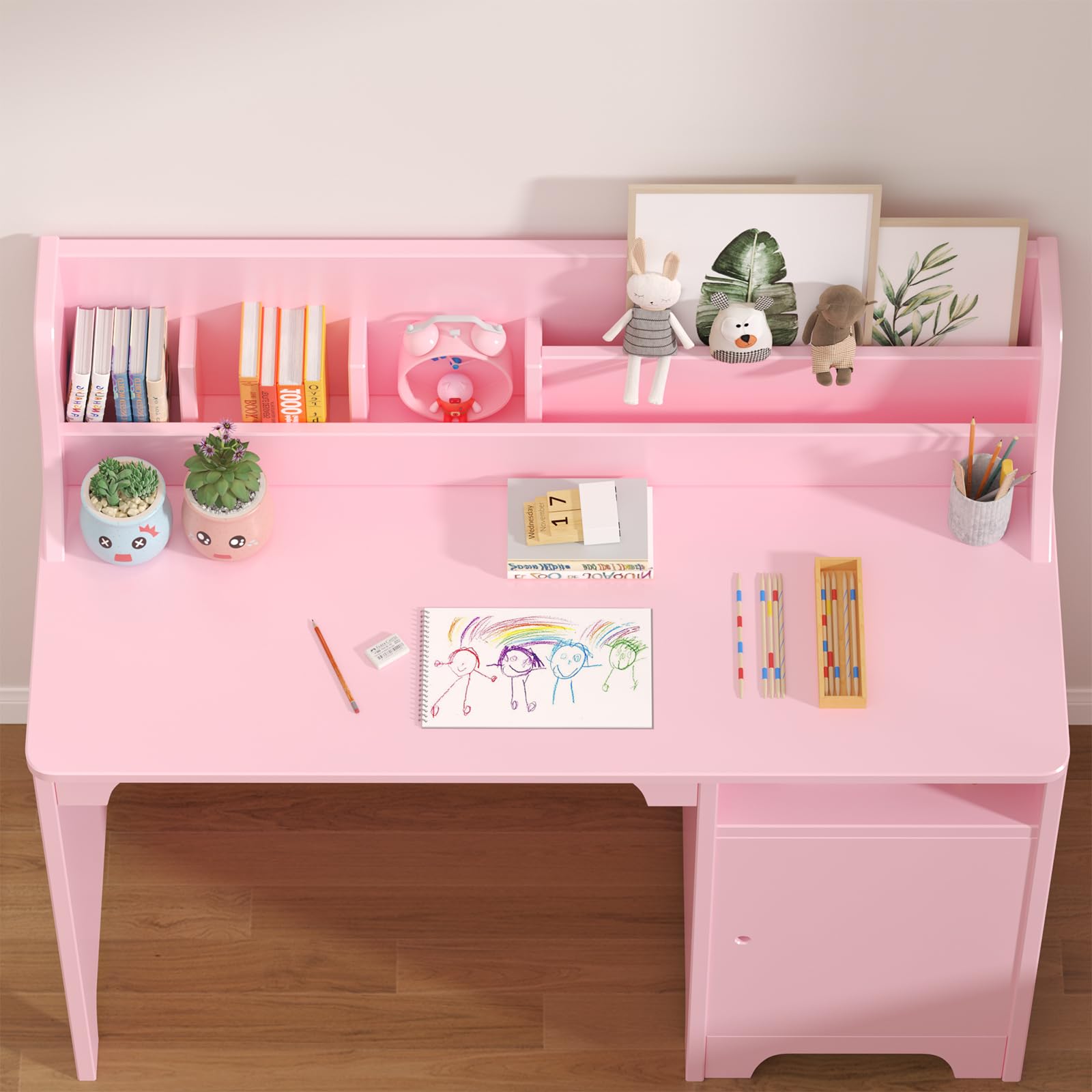Escritorio Infantil con Silla de Madera con Estantes y Taquilla, Escritorio Infantil con Silla de Madera, Mesa de Aprendizaje Multifuncional para Niños y Niñas de 3+ Años