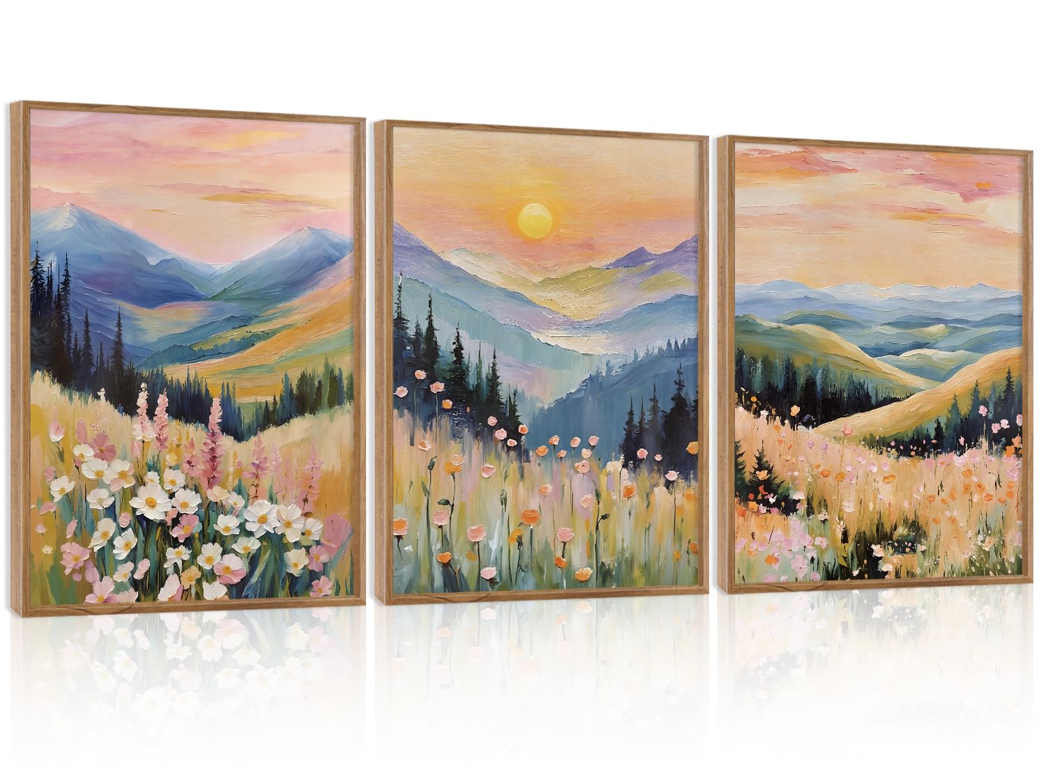 KAIRNE Sunset Mountain Wildflower Scenery Oil Canvas Wall Art 12x16inch x3