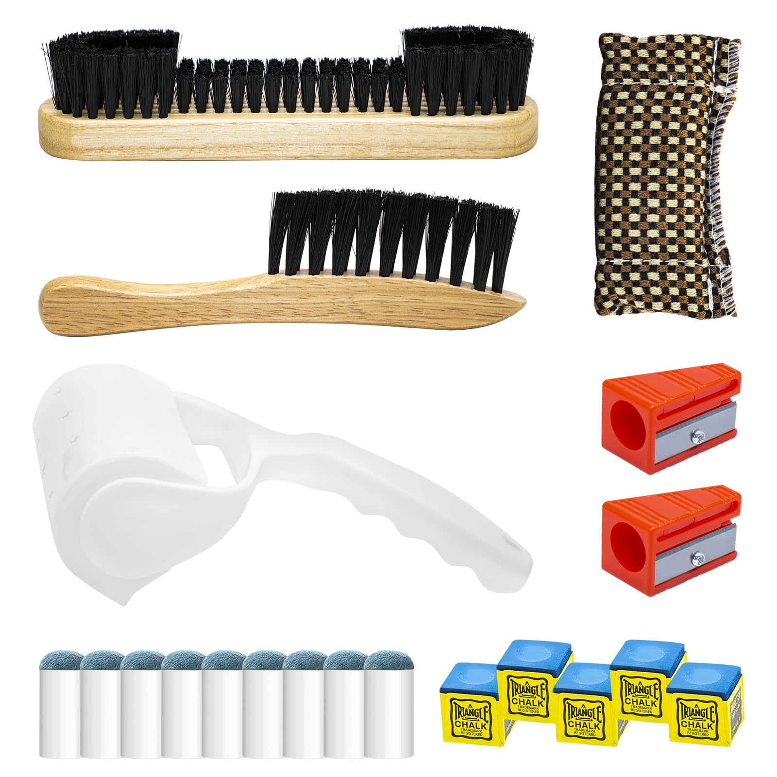 Yuahar 21 Billiards Pool Table Cleaning Set W Wooden Pool Table Brush, 12mm Slip-On Cue Replacement Tips, Sticky Lint Roller, Pool Cue Chalk Cubes and Rod Tip Sharpener for Game and Competition