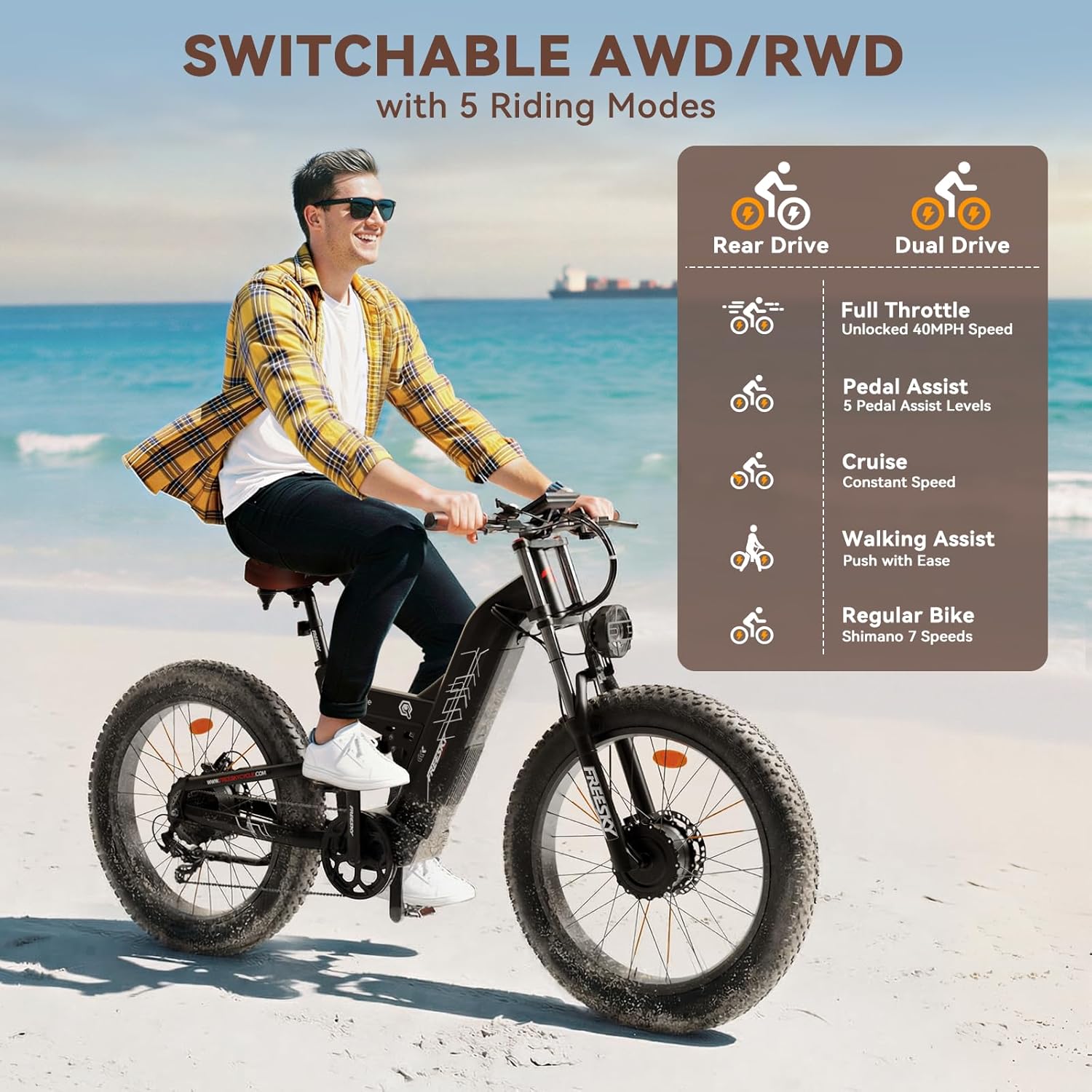 FREESKY 4000W Dual Motor Electric Bike for Adults, 48V 30AH Samsung Cells Battery 120Miles Range, 40MPH AWD Fast E-Bike, 26" Fat Tire Full Suspension Electric Mountain Bike, UL2849 Certified by TÜV