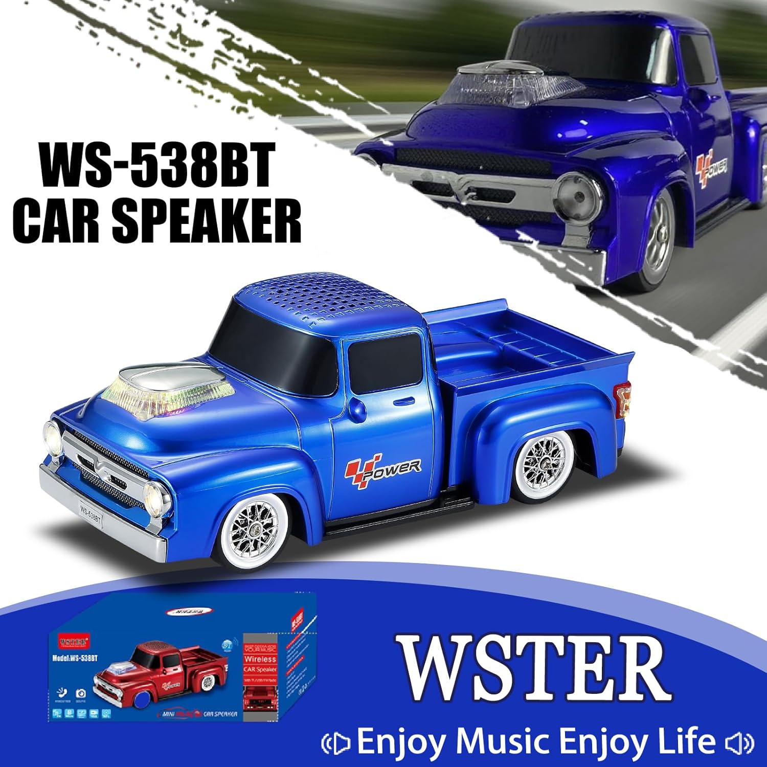 WSTER WS-538 Retro Pickup Truck Bluetooth Replica Speaker – Portable Wireless Car Model Speaker with FM, TWS, LED Party Lights, USB/TF Playback, Built-in Microphone, Type-C, Surprise Gift(Blue)