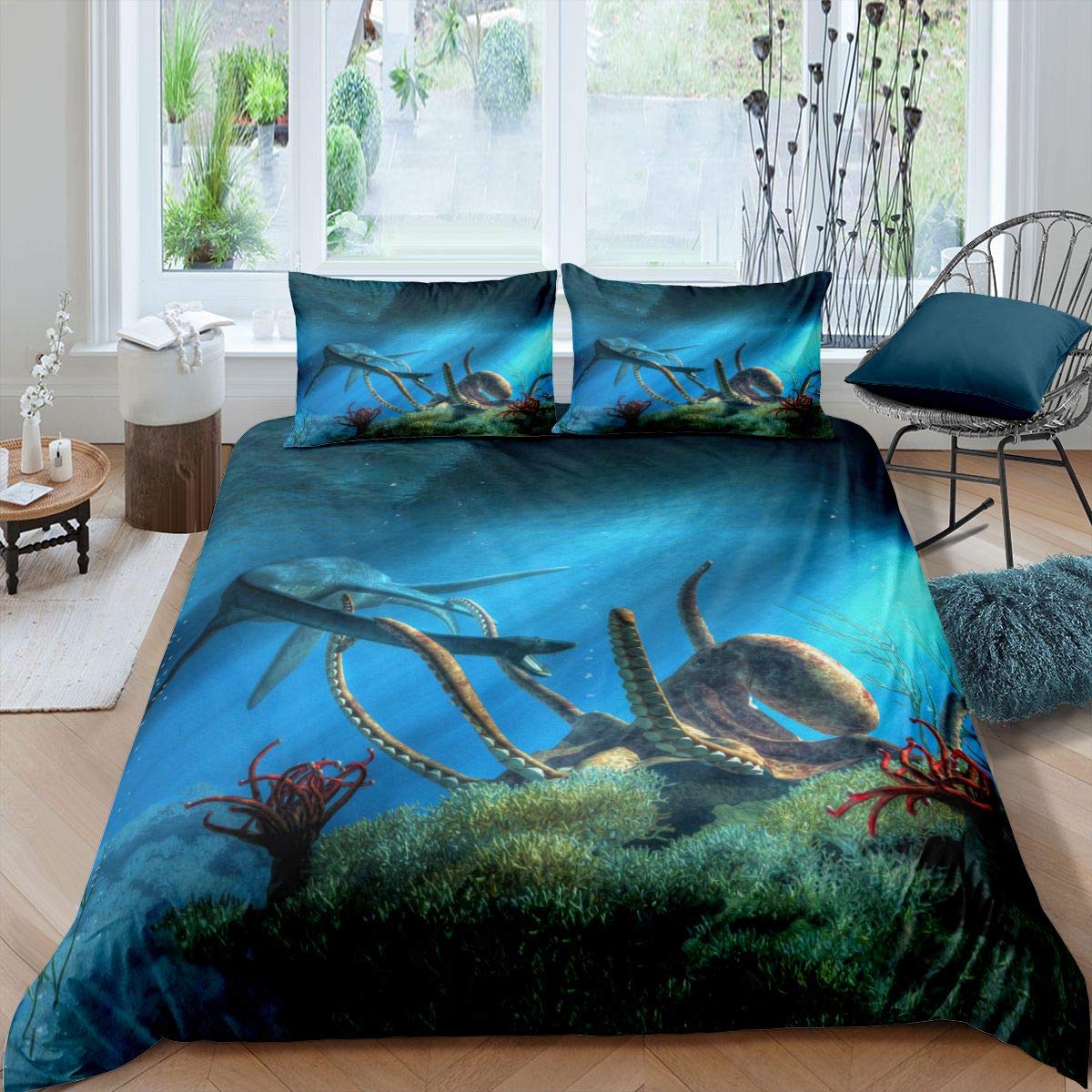 Octopus - Juego de funda de edredón y funda de edredón para niños y niñas, diseño de tiburón, color azul