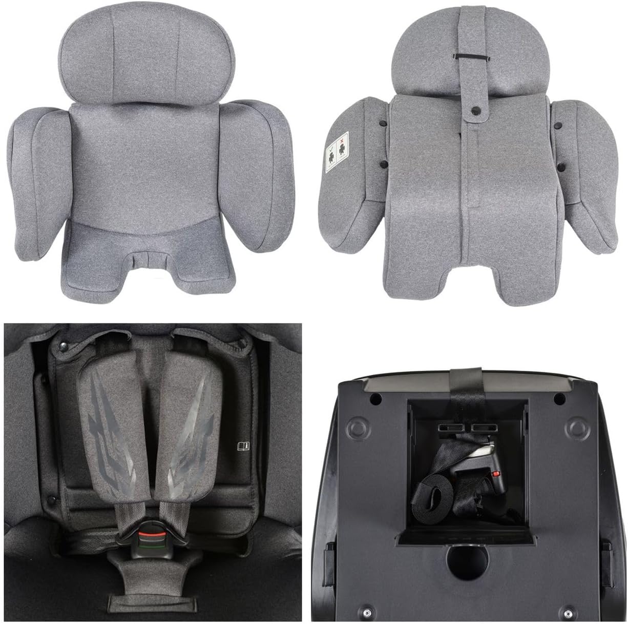 Collage showing infant insert, harness buckle, and Top Tether storage compartment.