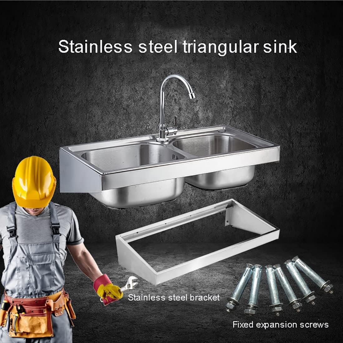 Stainless Steel Sink for Laundry, Commercial Wall Mount Kitchen Washing Station,Double Bowl Utility Hand Basin with Faucet and Accessories, Perfect for Home, Stores, Restaurants, Bars (Color : Cold+H
