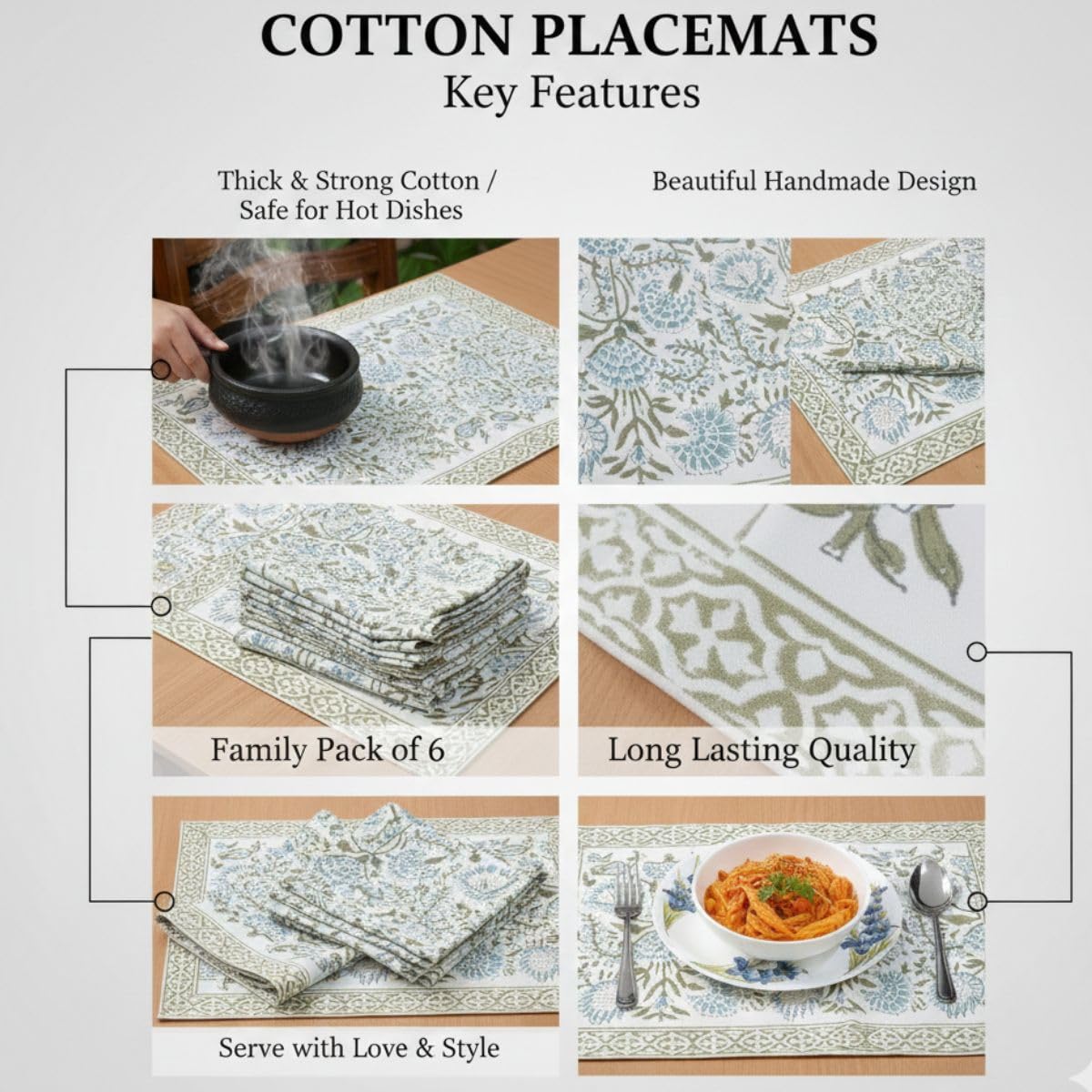 Manteles individuales de mesa de comedor con juegos de servilletas, algodón indio impreso a mano, lavables, para servir alimentos, juego de 6 manteles individuales (verde claro)