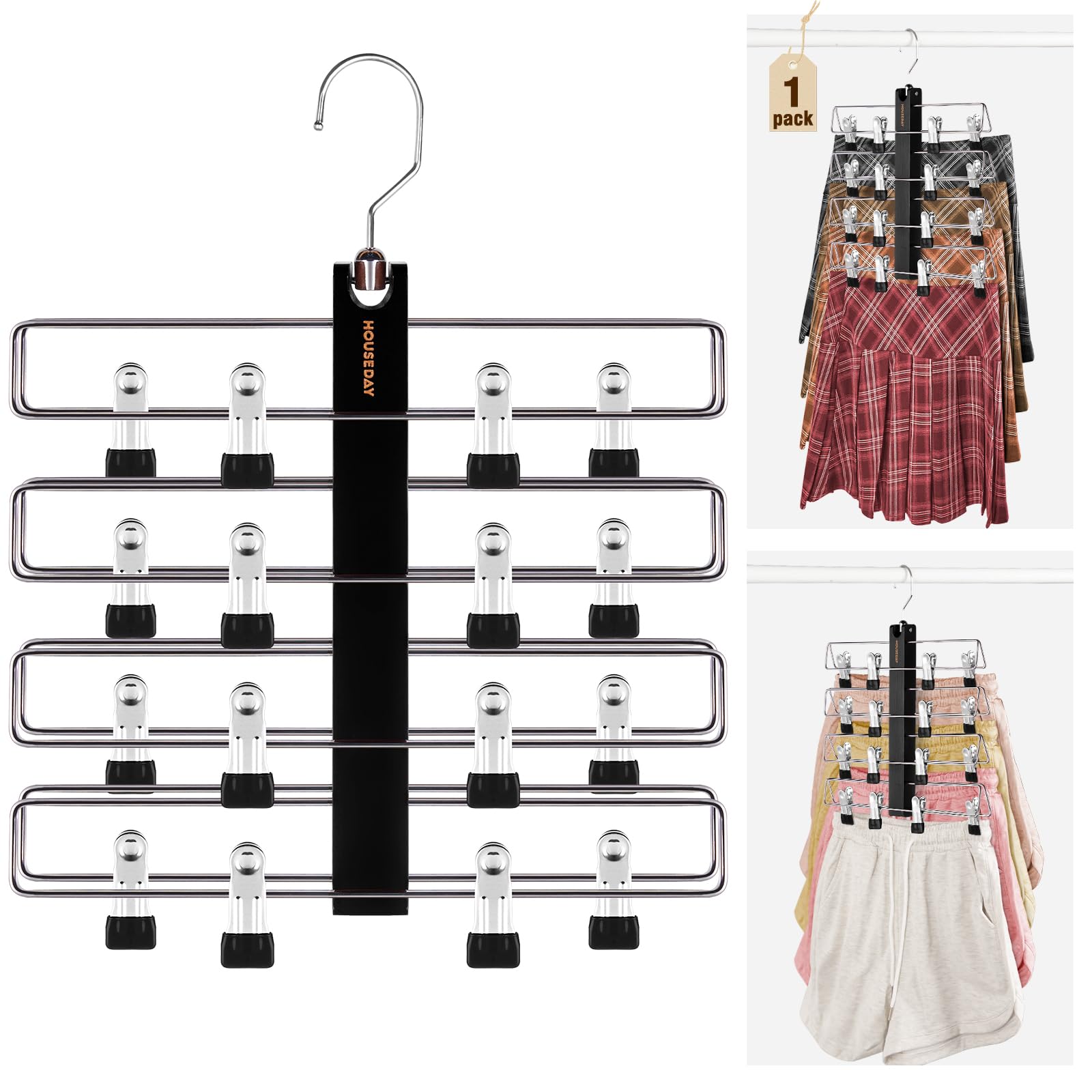 HOUSE DAY Rock-Kleiderbügel, platzsparend, zweireihig, 4-stöckig, rutschfeste Kleiderbügel mit Clips für Röcke, Shorts und Hosen, Lotusholz-Clip-Kleiderbügel für Damen, Schrank-Organizer und