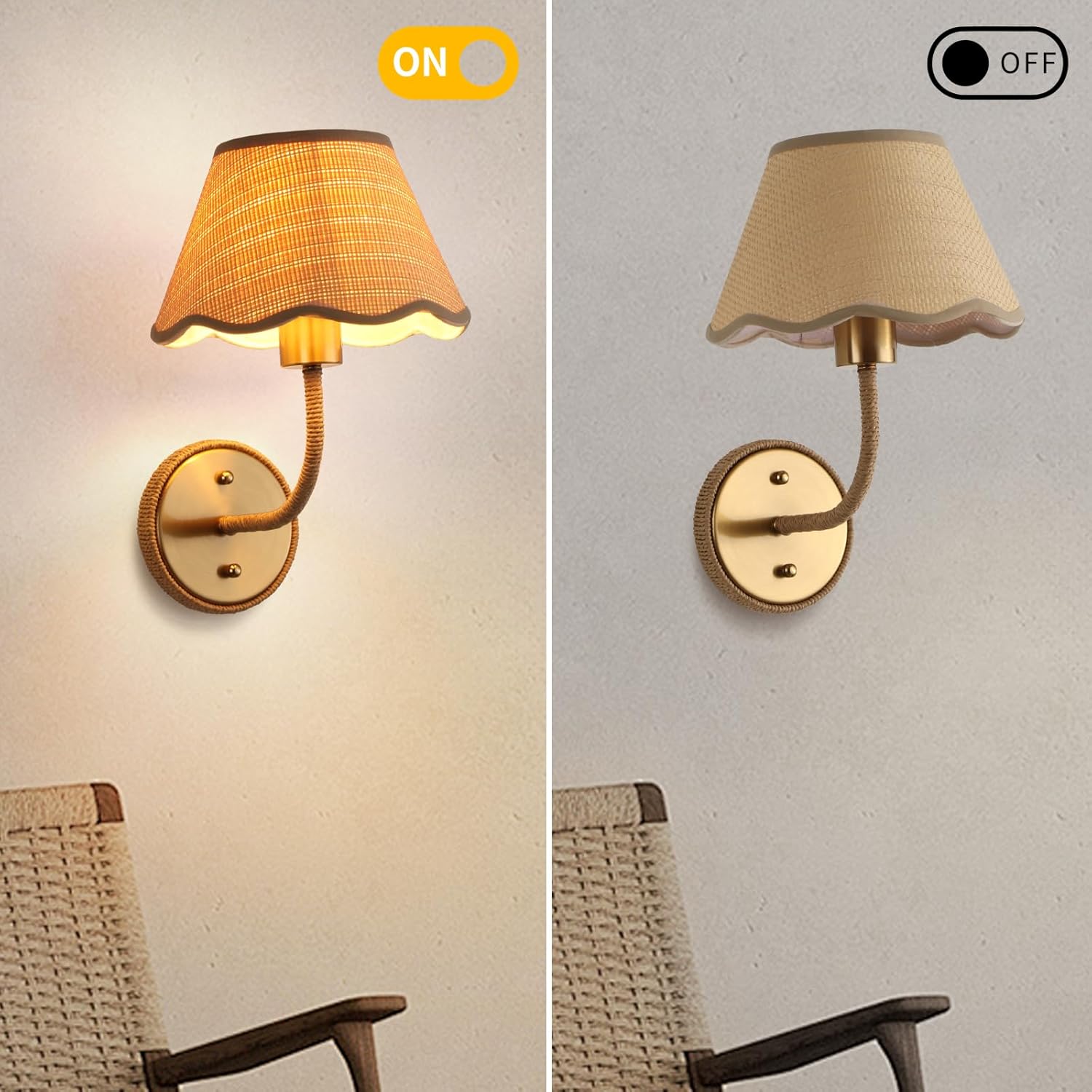 Boho Hand Woven Rattan Wall Sconces Set of Two Gold Rustic Wall Lamp with Grass-Woven Lampshade Hardwire Brass Farmhouse Wall Lights for Bedroom Living Room Hallway Vanity