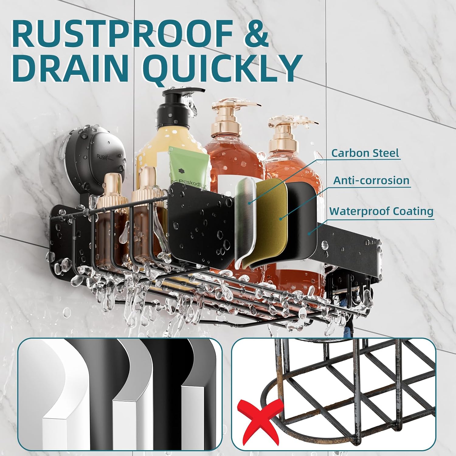 TAILI Shower Caddy Suction Cup 2 Pack With Visible Safety Indicator, Stainless Steel Rustproof Shower Shelves, No Drilling Wall Mounted Basket, Upgraded Removable Suction Cup Bathroom,Black Organizers
