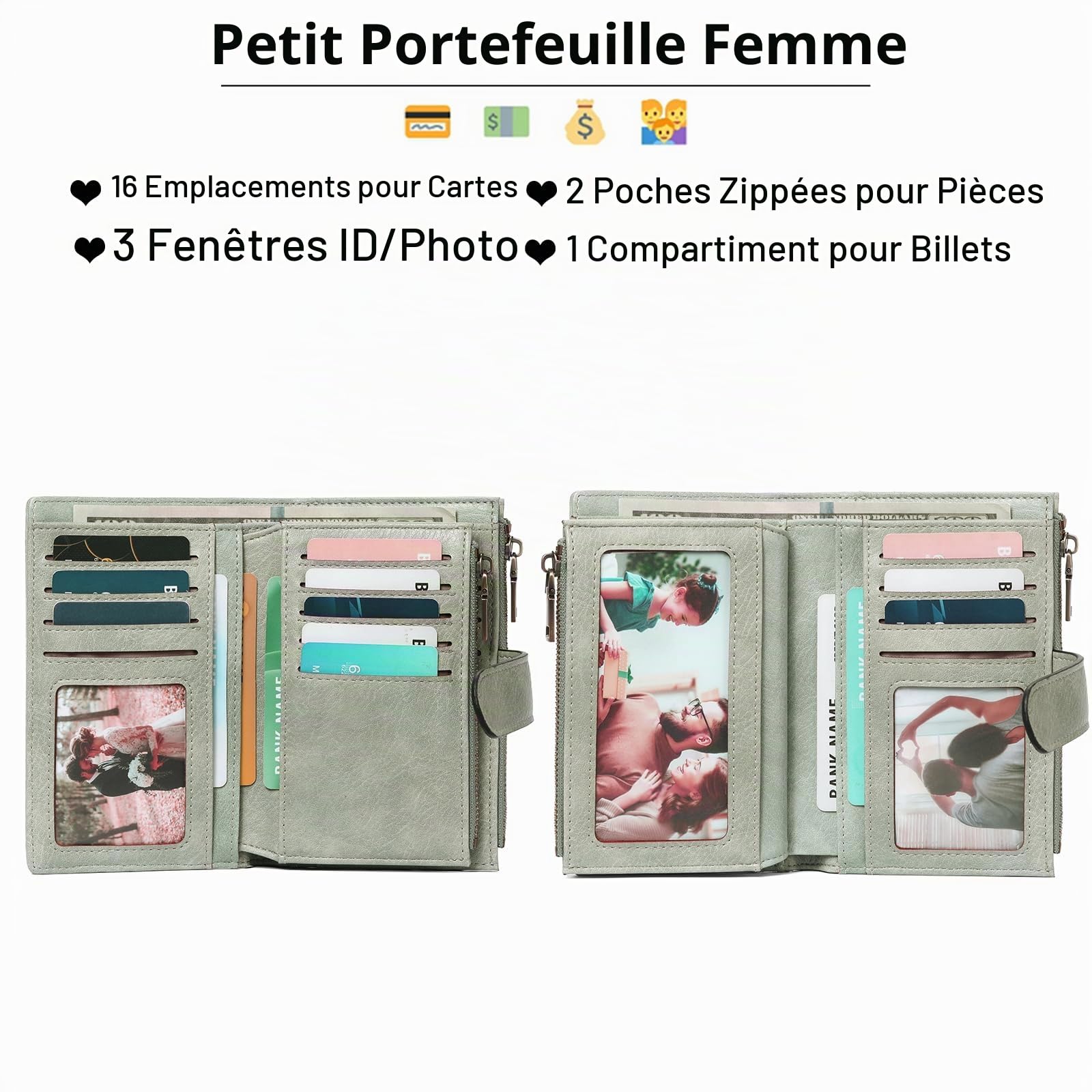 GOIACII Portefeuille Femme Cuir Moyen Porte-Cartes de Crédit RFID Double Fermeture éclair Porte Monnaie Grande Capacite avec 16 Cartes et 3 Fenêtre D'identification