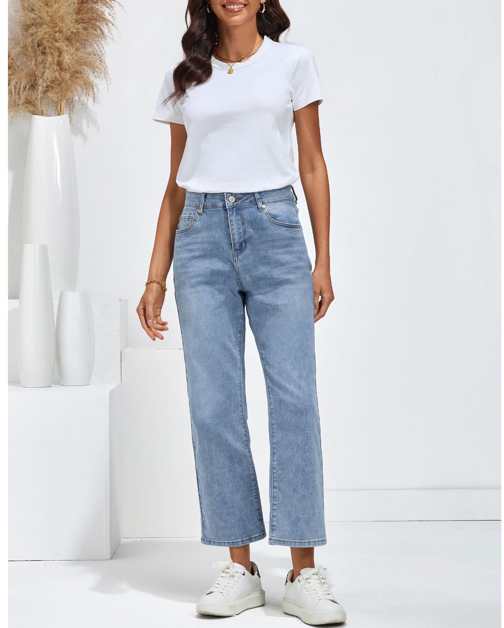 Vetinee Jean pour femme, taille haute, jambes larges, extensible, baggy, coupe droite