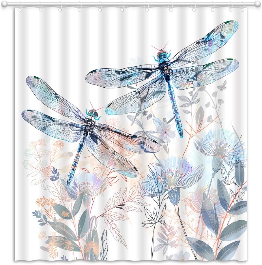 Dragonfly Shower Curtain Abstract Flowers Leaves Nature Animals Botanical Women Girls Fabric Bathroom Curtain with Hooks, 86Wx70H