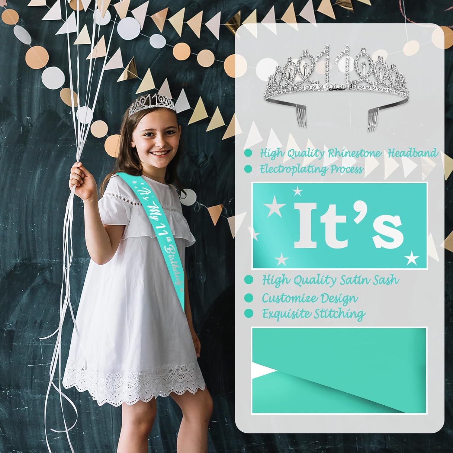 11th Birthday Decorations for Girls,Glitter It's My 11th Birthday Cake Topper & sash and Banner, Teal 11 birthday Balloons and Foil Balloons and Silver 11th Crown-Teal 11 Birthday Decorations - Image 8