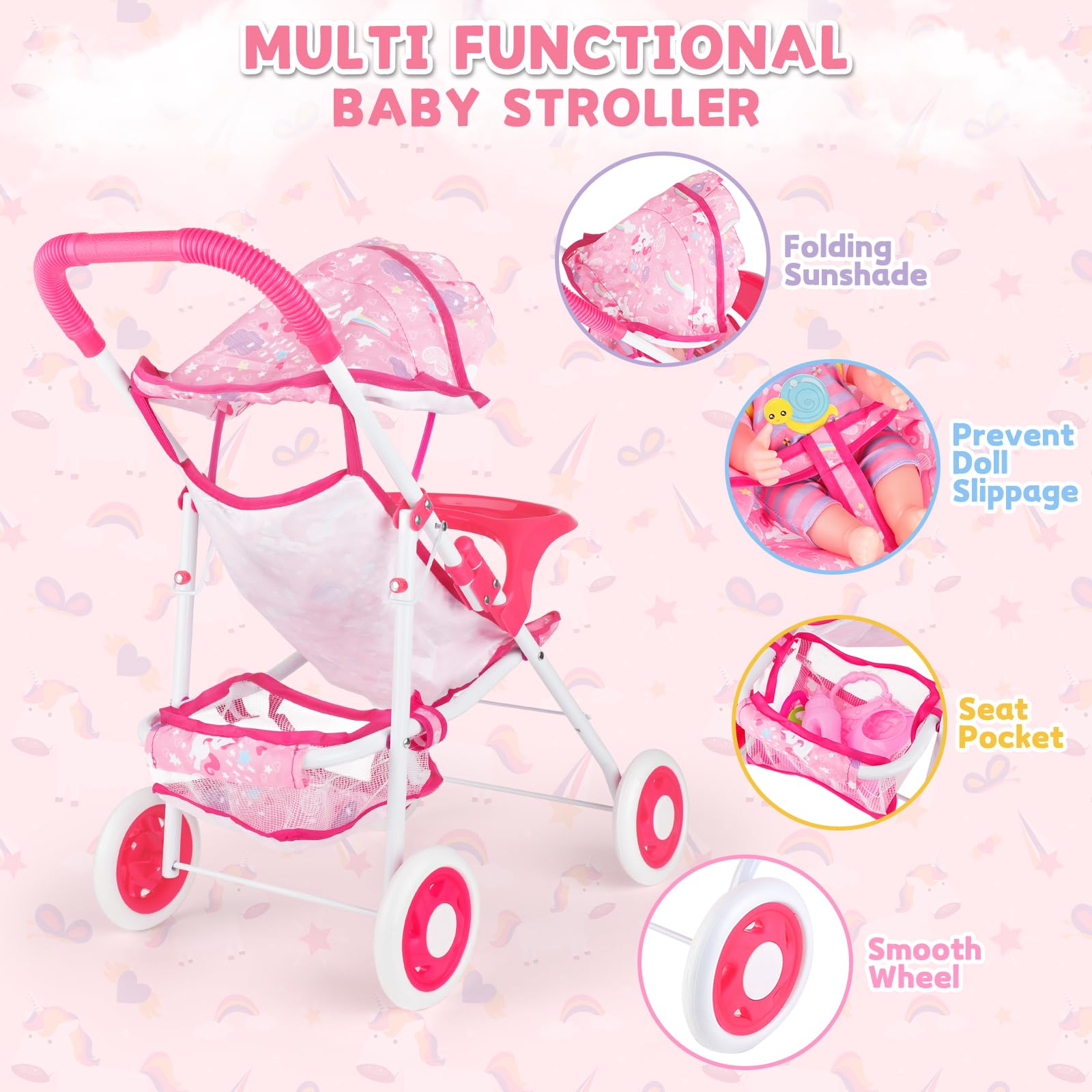 deAO Bambola bebé e Passeggino Giocattolo Set | 12" Bambolotto Bambina e Accessori con Baby Dolls Carrozzina, Funzione per Bere e Bagnare, Regalo per Bambini 3+ Role Play