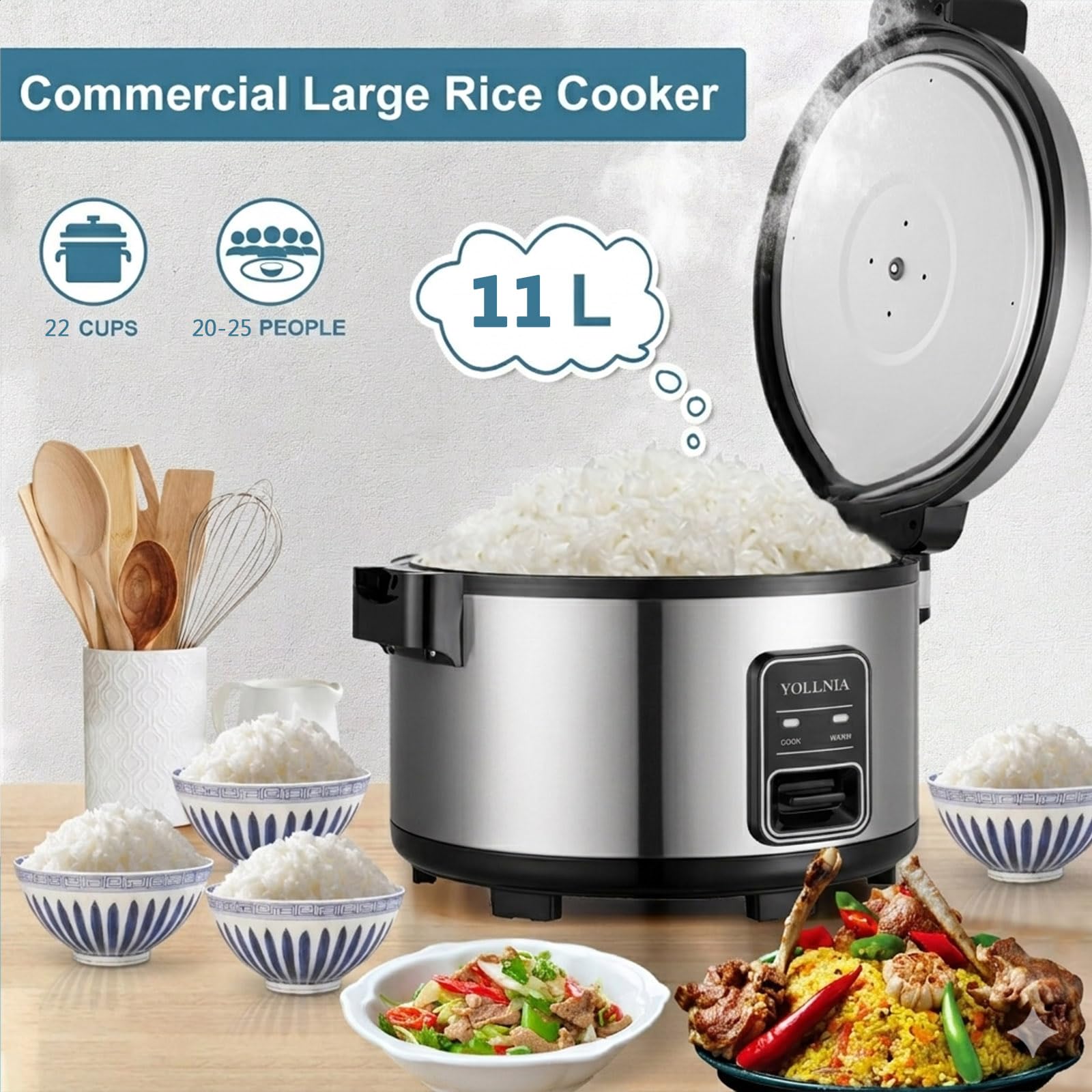 Grande Cuiseur à riz, 11 L, riz pouvant accueillir jusqu'à 20-25 personnes sans le brûler, avec fonction maintien au chaud servir pendant plus de 12 heures, 1300 W, argenté, acier inoxydable