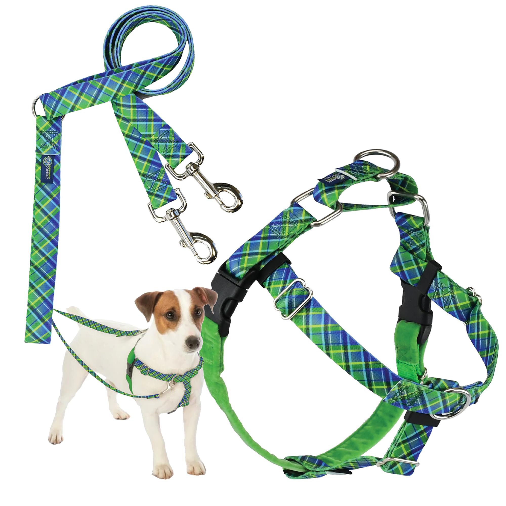 2 Hounds Design - Freedom No-Pull Harness & Training Leash in Green and Blue | Dual Leash Loops, No Pulling on Walks | Lined to Prevent Chaffing | for Small Sized Dogs (Size S, Chest 20”- 24”) — image 1