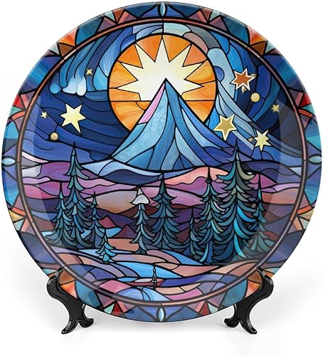 Platos decorativos de Navidad, pintura de paisaje de invierno, diseño de vitrales, plato de cena de cerámica para el hogar con soporte de