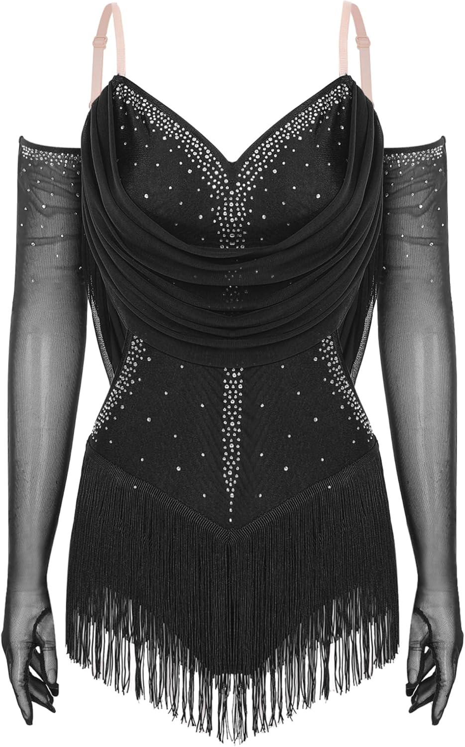 ACSUSS Womens Cocktail Dresses Glitter Sleeveless Tassel Latin Jazz Dance Leotard with Gloves for Rave Party