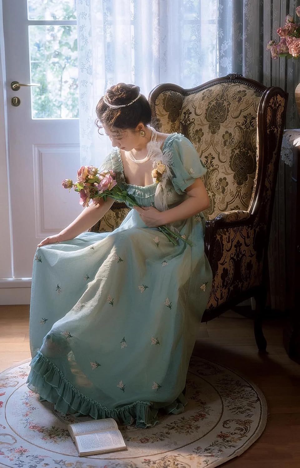 Regency Dresses for Women Elegant Ruffle Neck Puff Sleeve Empire Waist Dress