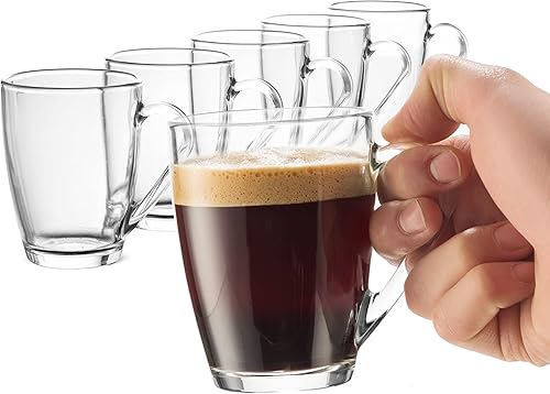 Bormioli Rocco Juego de tazas de café de cristal, (paquete de 6) de 10¾ onzas con mango cómodo, vasos de té para bebidas calientes/frías,