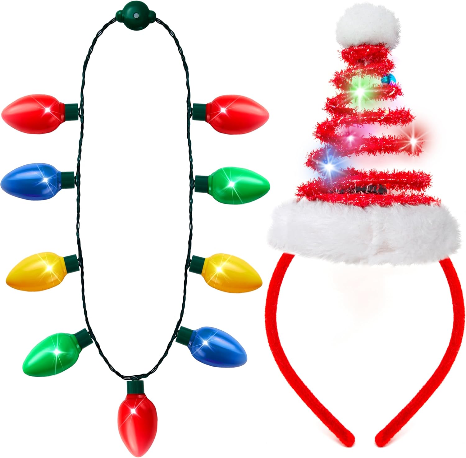 JOYIN 2 Pcs Christmas Lighted Necklace and Santa Hat Headband, Christmas LED Necklace with 9 Bulbs and Xmas Headwear for Holiday Perties Xmas Costume Accessories Party Favors