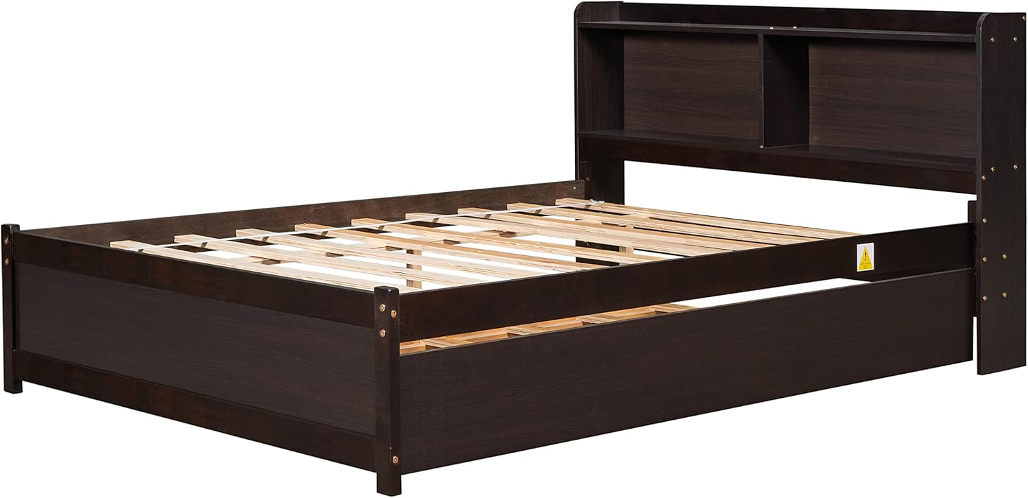 PVWIIK Full Platform Bed with Trundle and Bookcase for Girls,Boys,Wooden Bed Frames with Headboard,Noise-Free,No Box Spring Needed,Espresso