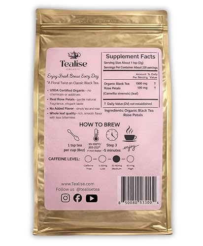 Miniatura 2 de Té negro rosa orgánico hoja suelta  hoja entera, orgánico USDA, aroma floral suave, té negro rico en antioxidantes, 1 libra (16.08 oz) por Tealise
